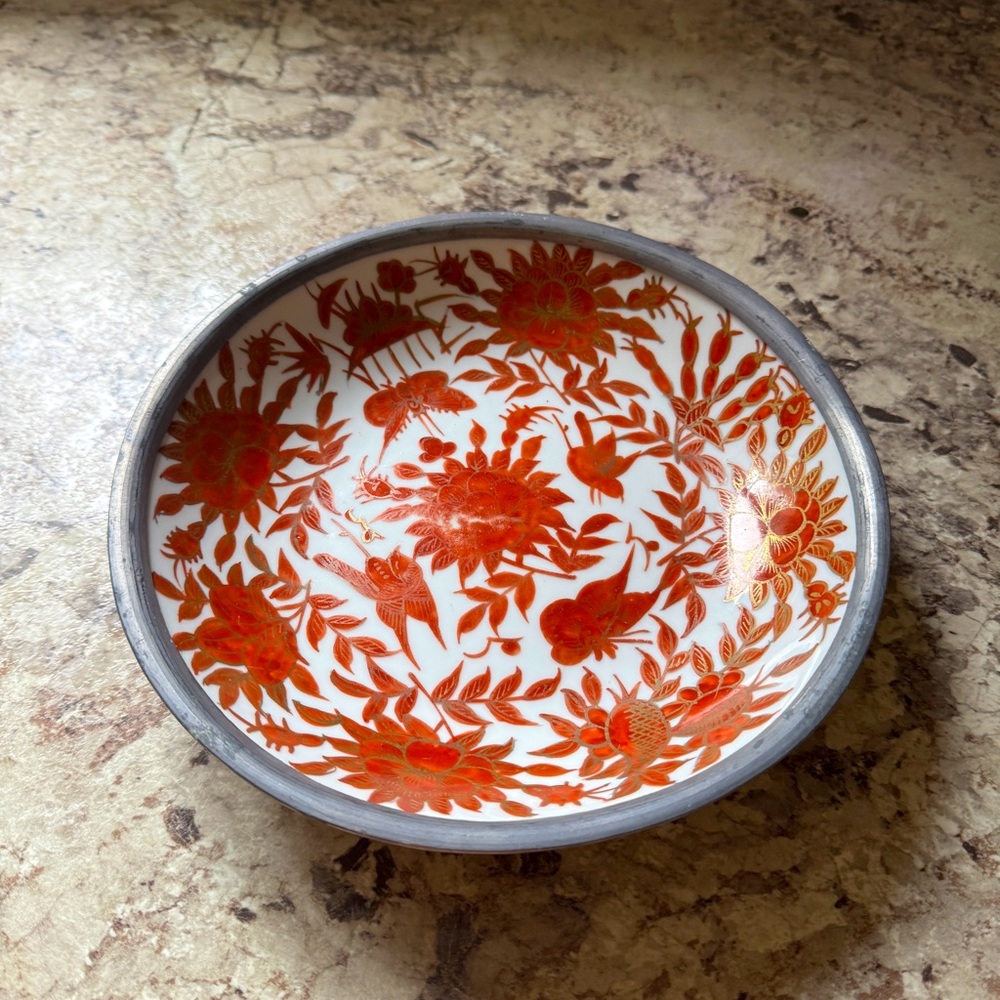 VTG Japanese Porcelain Bowl Pewter Encased Red Flowers